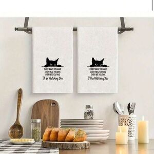 White Kitchen Towels with Black Cat Design 2 Pack